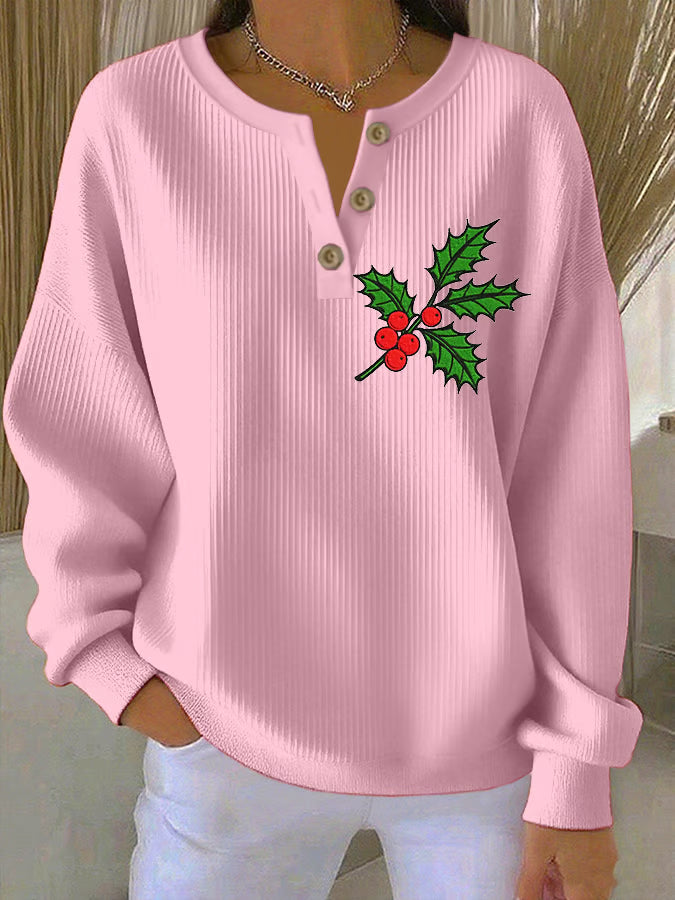 Women's Cat Print Knitted Crew Neck Long Sleeve Top