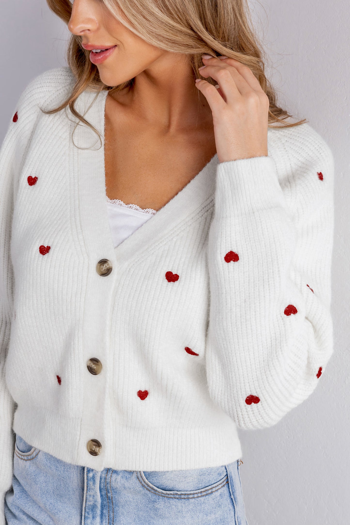 Heart Print Long Sleeve V-Neck Cardigan