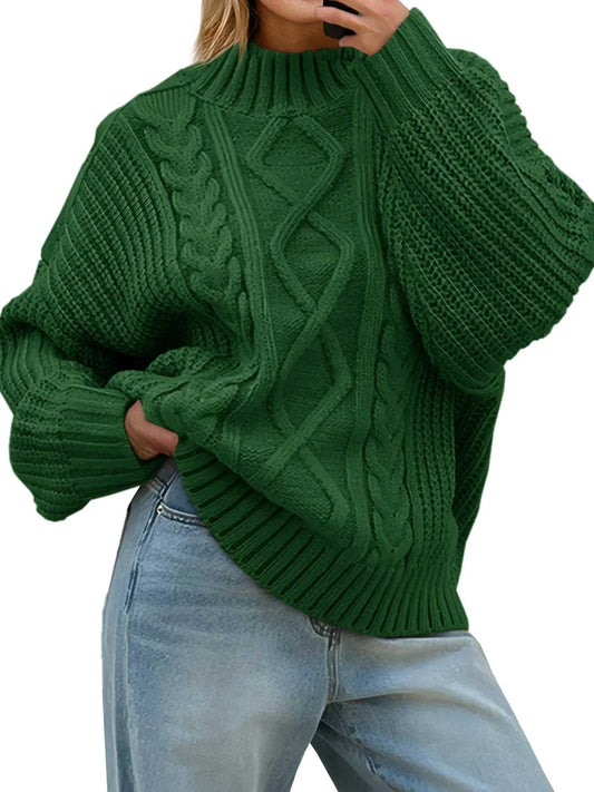 Women’s Oversized Cable Knit Button-Up Turtleneck Sweater
