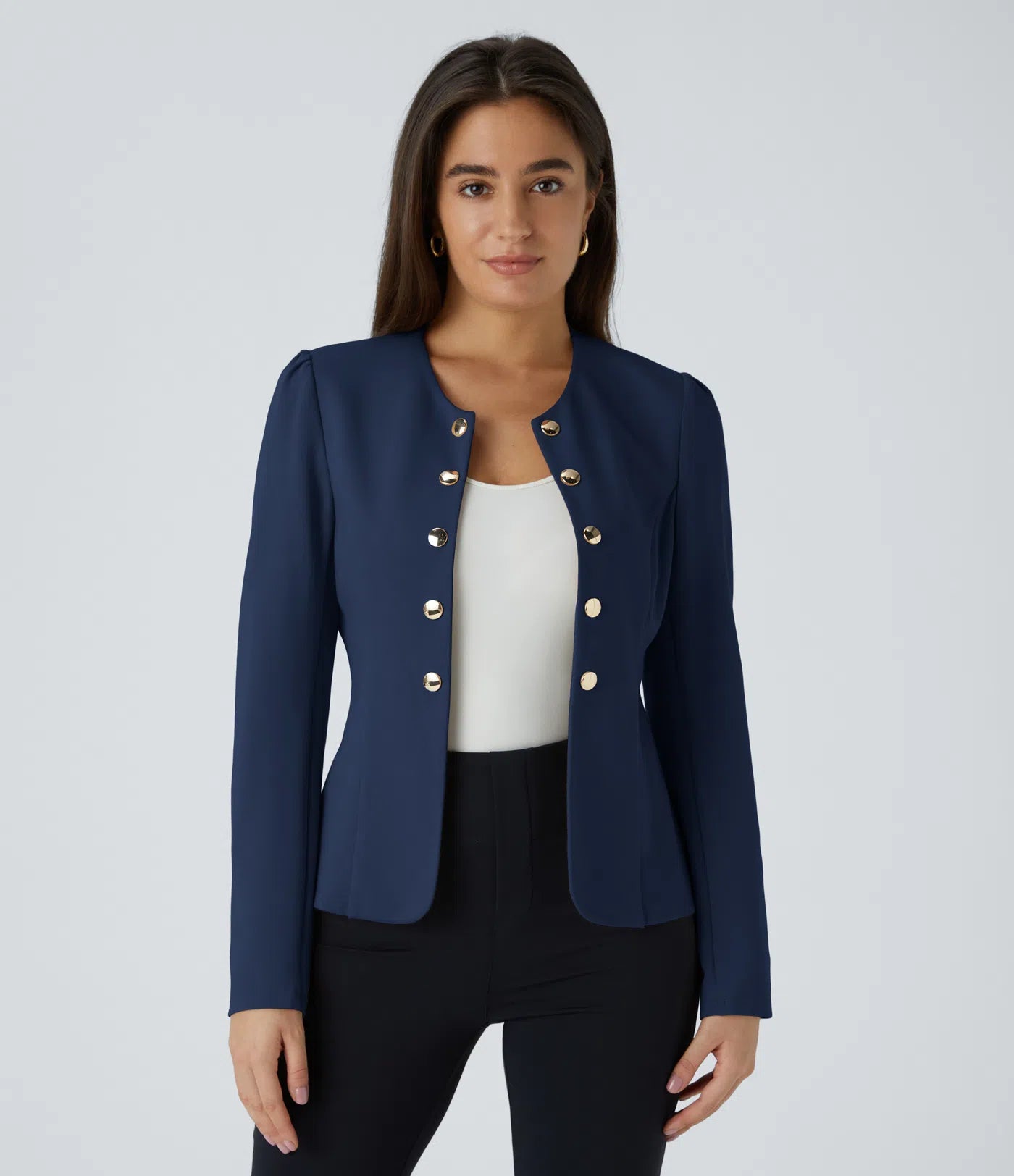 Round Neck Long Sleeve Decorative Slim Work Jacket