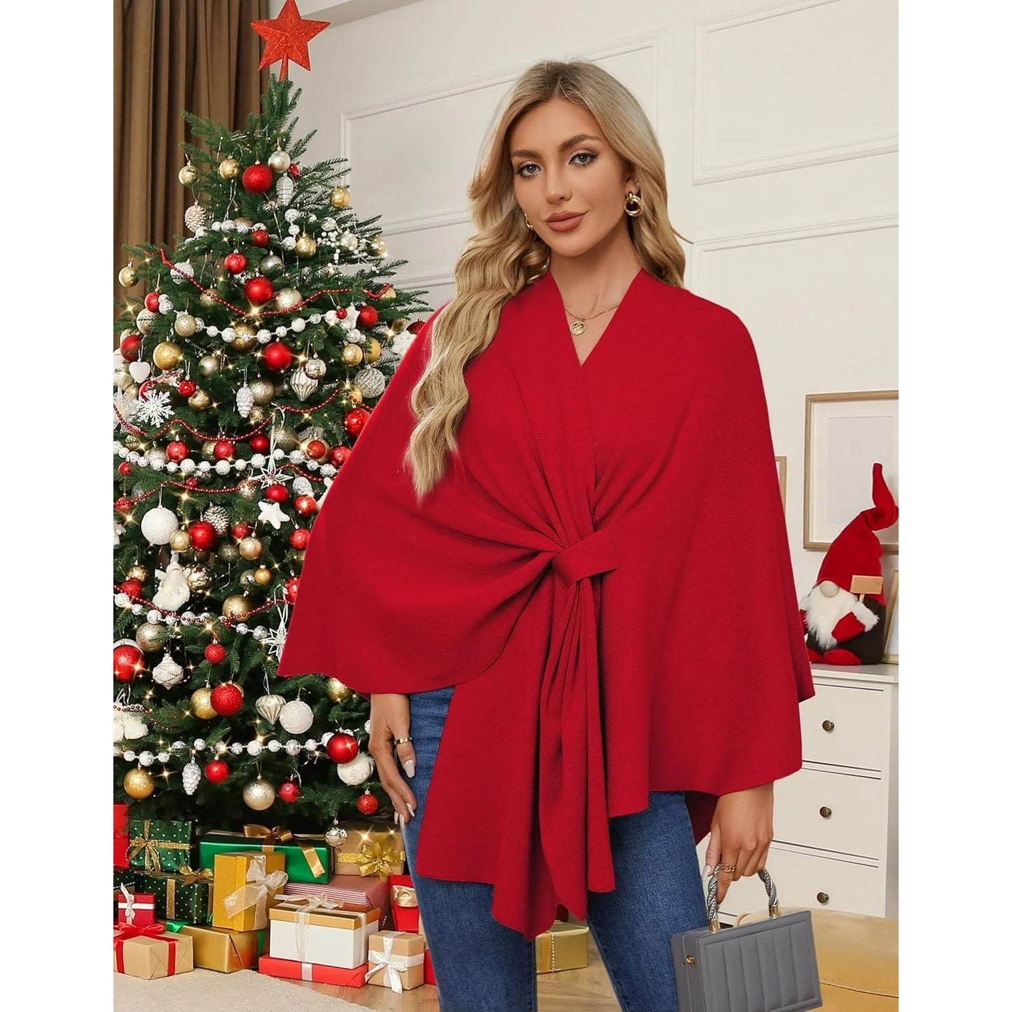 Autumn Women's Elegant Shawl Wraps Soft Open Front Poncho Sweater