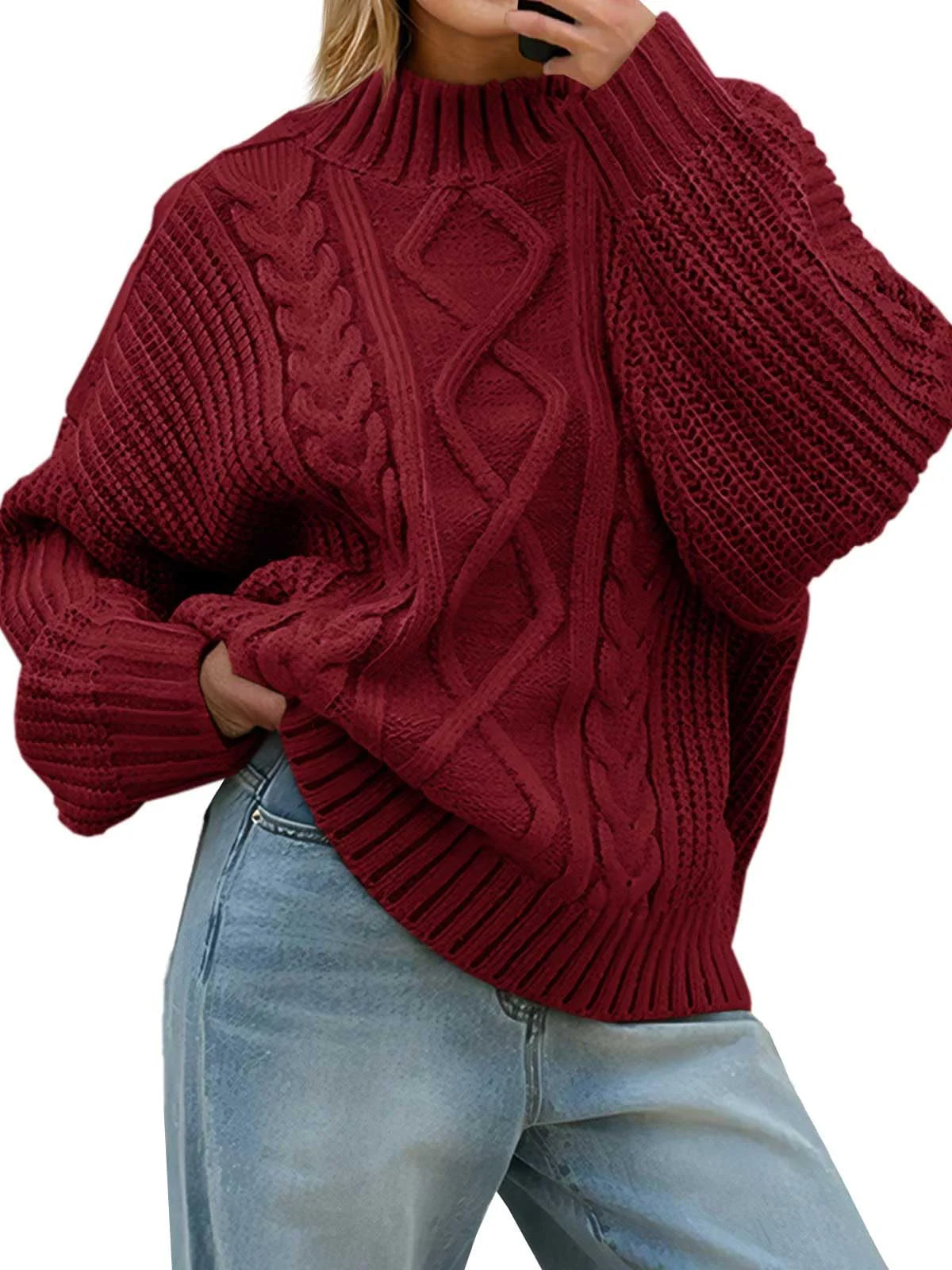 Women’s Oversized Cable Knit Button-Up Turtleneck Sweater