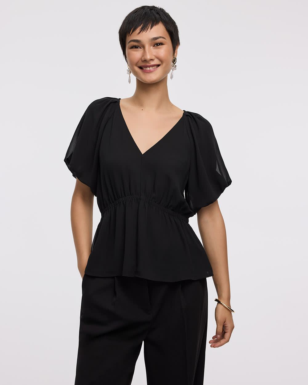 Short-Bubble-Sleeve V-Neck Blouse