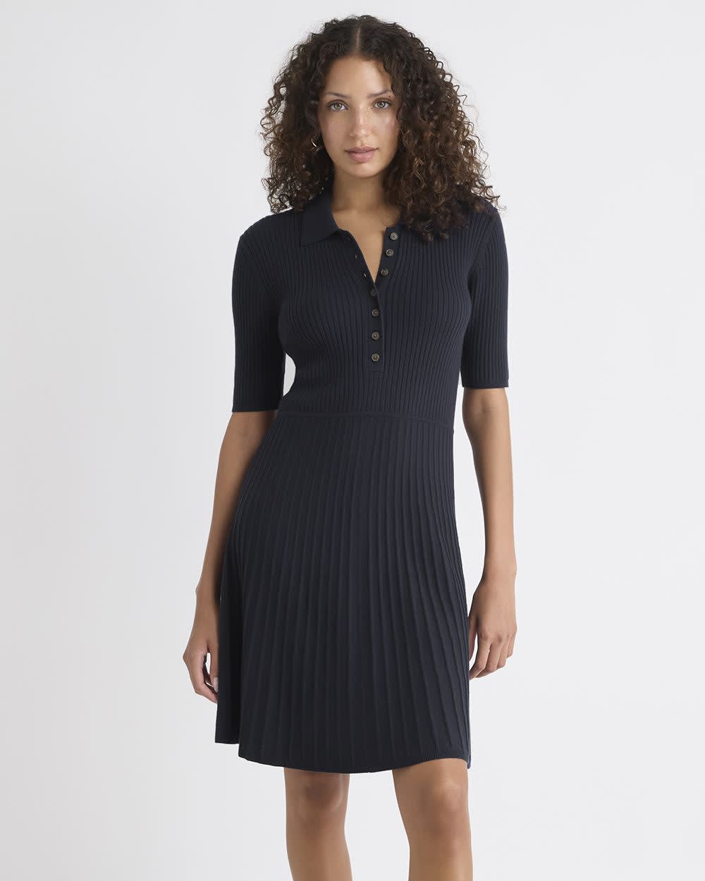 Cotton-Merino-Blend Short-Sleeve Ribbed Polo Dress