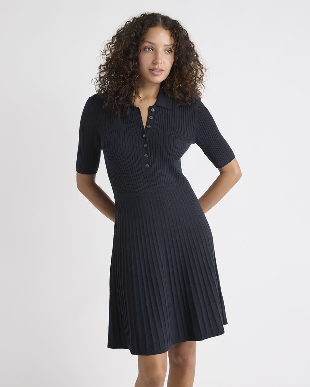 Cotton-Merino-Blend Short-Sleeve Ribbed Polo Dress