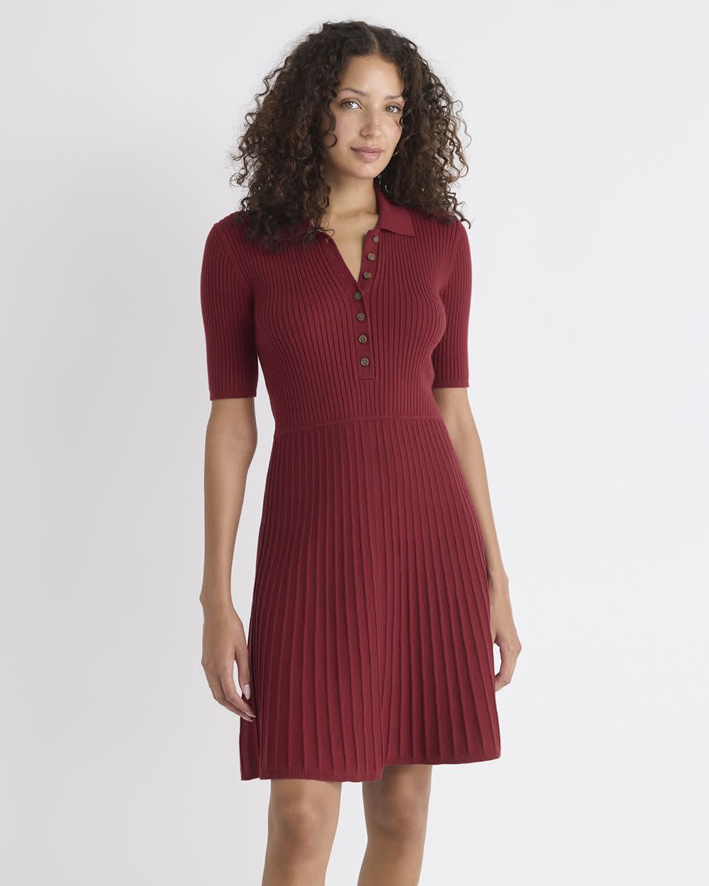 Cotton-Merino-Blend Short-Sleeve Ribbed Polo Dress