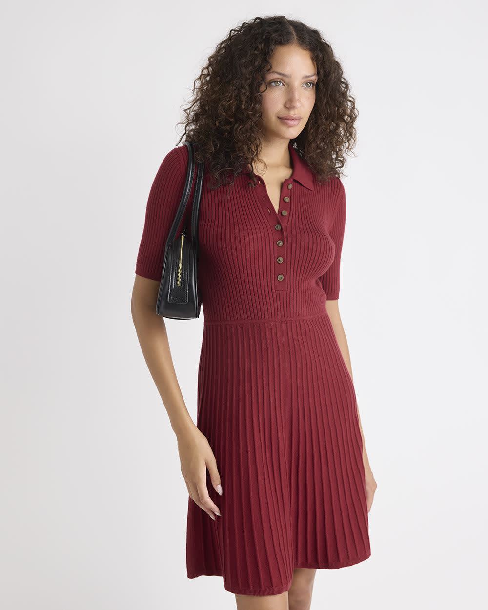 Cotton-Merino-Blend Short-Sleeve Ribbed Polo Dress