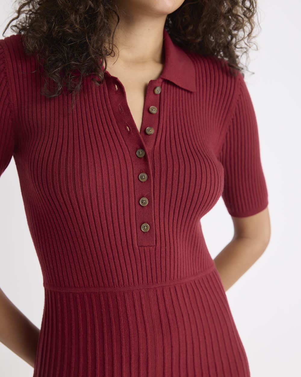 Cotton-Merino-Blend Short-Sleeve Ribbed Polo Dress