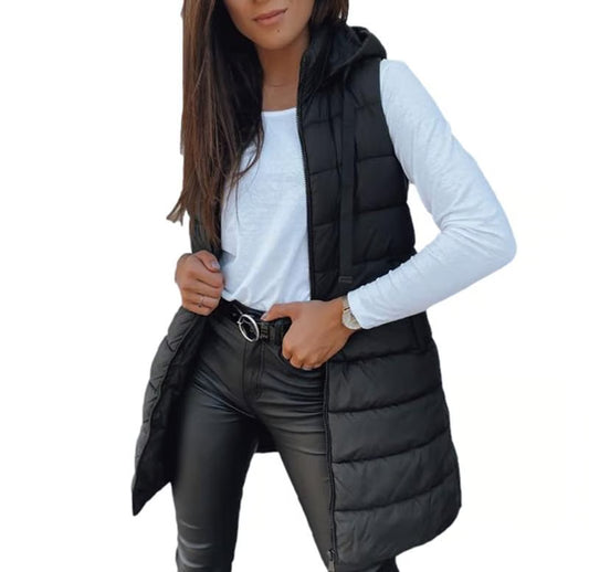 Women Long Puffer Vest | Solid Color | Sleeveless | Hooded | Winter Wear