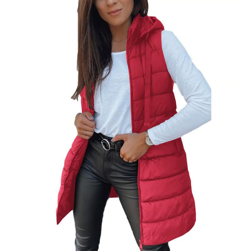 Women Long Puffer Vest | Solid Color | Sleeveless | Hooded | Winter Wear