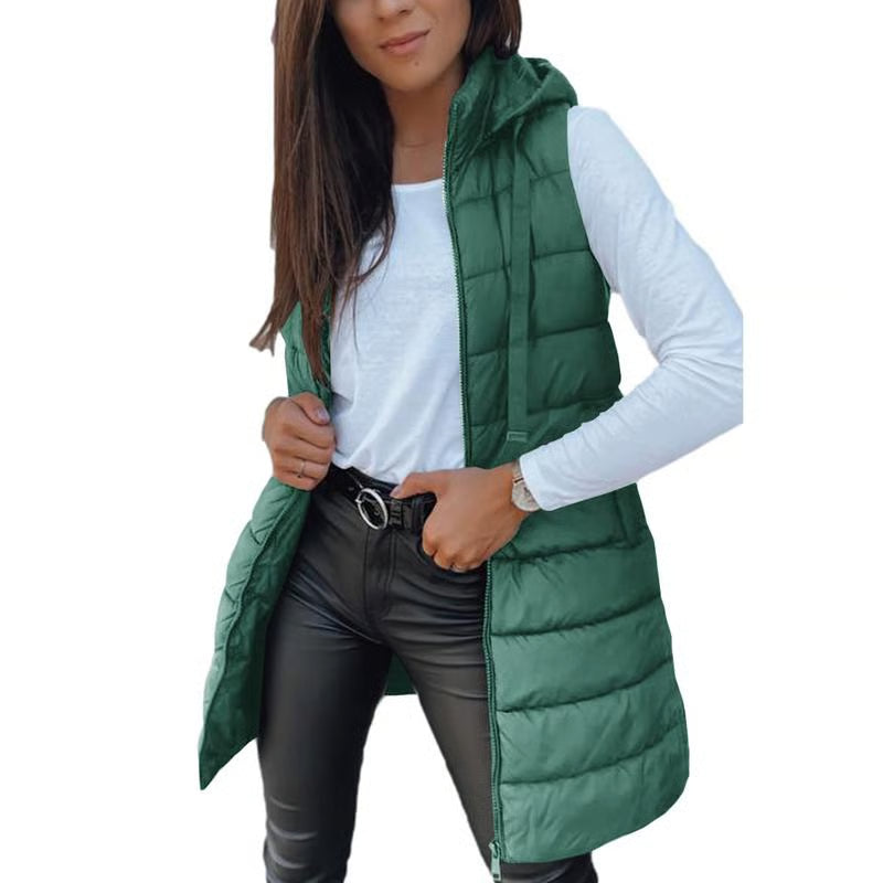 Women Long Puffer Vest | Solid Color | Sleeveless | Hooded | Winter Wear