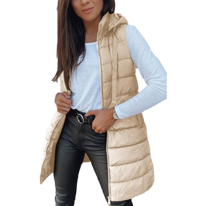 Women Long Puffer Vest | Solid Color | Sleeveless | Hooded | Winter Wear